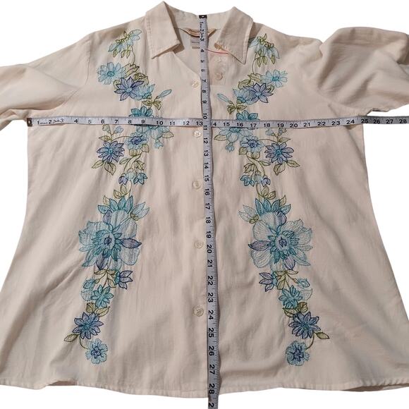 NEW Floral Embroidered Blouse Top Shirt Cotton Linen Plus 1X Off-White Blue Boho - Picture 6 of 11